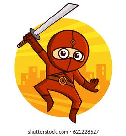 Superhero Red Ninja with a sword jumping Sticker Vector Illustration