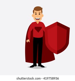 Superhero in red suit with shield on hand