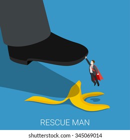 Superhero rescue man flat 3d isometry isometric concept web vector illustration. Eliminate banana peel. Creative people collection.