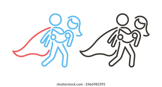 Superhero Rescuing and holding a person in arms with cape flowing icon vector illustration. Heroism, protection, courage in blue and red outline