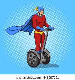 Superhero ride on two wheel electric transport. Cartoon pop art vector illustration. Human comic book vintage retro style.