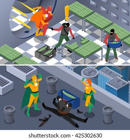 Superhero Robbery and Bank Saving Horiaontal Banner Set Vector Illustration