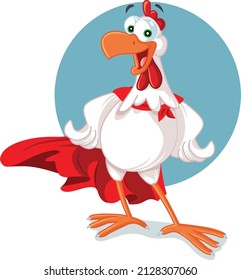 Superhero Rooster Mascot Wearing a Red Cape Vector Cartoon. Mascot of super strong powerful domestic bird living free range life
