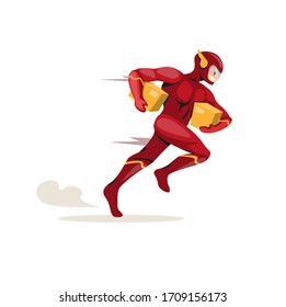 superhero running carrying package courier express delivery service mascot symbol. cartoon flat illustration vector isolated in white background