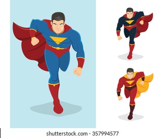 Superhero running forward. Superhero in action. Ready to fight. On the right are 2 additional versions.