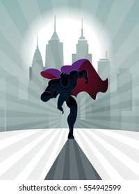 Superhero running in front of a urban background. Vector illustration