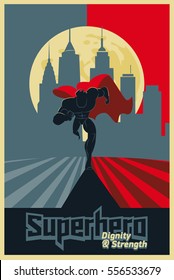 Superhero running in front of a urban background. Poster red & blue. Vector illustration.