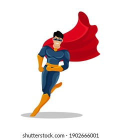 Superhero running. Hero in Action. Vector illustration. Heroic cartoon character.