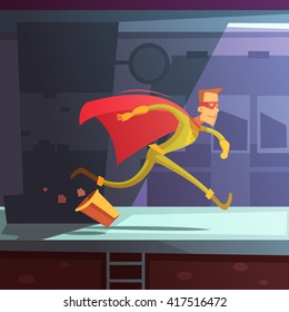 Superhero running in the street with houses and basket cartoon vector illustration 