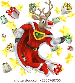 A superhero Santa s reindeer Christmas super hero with gifts and stars
