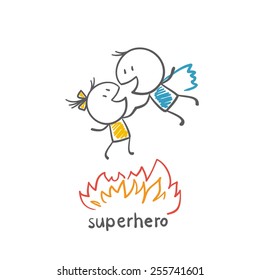 superhero saves the girl from the fire illustration