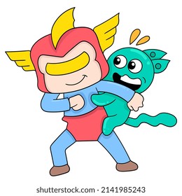 superhero is saving the cat carrying on the back, vector illustration art. doodle icon image kawaii.