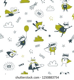 Superhero seamless pattern for kids. Cartoon vector illustration. Little animals in superheroes costume