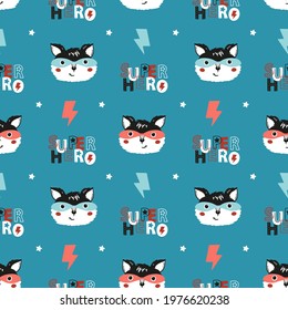 Superhero Seamless Pattern for Kids. Funny Cute Fox or Raccoon in Mask. Blue Background for Children Vector Illustration. Print for Birthday, Nursery Wallpaper