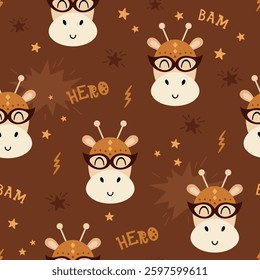 Superhero seamless pattern. Super hero giraffe pattern. Hand drawn vector pattern in flat style
