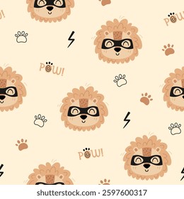 Superhero seamless pattern. Super hero lion pattern. Hand drawn vector pattern in flat style