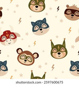 Superhero seamless pattern. Super hero animals pattern. Hand drawn vector pattern in flat style