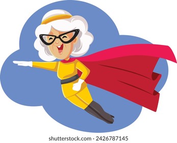 
Superhero Senior Lady Flying with a Red Cape Vector Cartoon Character. Cheerful senior woman flying in the in her superheroine suit 
