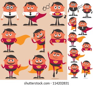 Superhero Set: Businessman who is actually superhero in disguise. 9 different poses.  On the right is the same character adapted for white background.