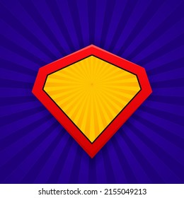 Superhero shield isolated on blue backdrop in retro comic style. Cartoon retro backdrop with rays for comic superhero text. Vector illustration.