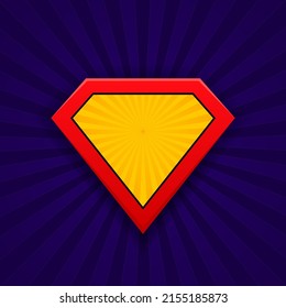 Superhero shield isolated on blue backdrop in retro comic style. Cartoon retro backdrop with rays for comic superhero text. Vector illustration.