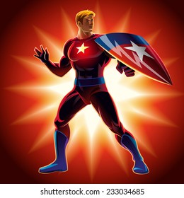 Superhero With The Shield. Vector Illustration