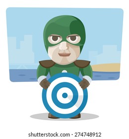 Superhero with the shield. Vector illustration on a background.