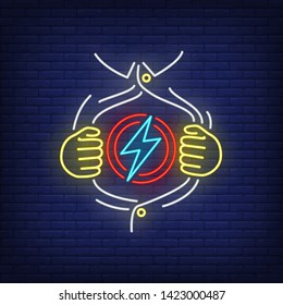 Superhero showing chest neon sign. Leadership, power, protector design. Night bright neon sign, colorful billboard, light banner. Vector illustration in neon style.