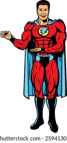 Superhero showing or holding something