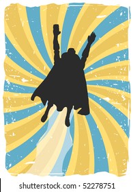 Superhero silhouette flies up through swirl grunge