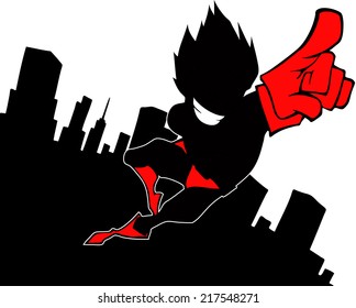 Superhero silhouette on the background of the skyscrapers