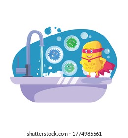 Superhero soap stands in a winner position stands in front of flying angry microbes on the bathroom sink