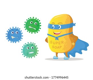 Superhero soap stands in a winner position next to to them lies microbes on white background