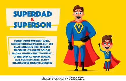 Superhero with son. Cartoon vector illustration