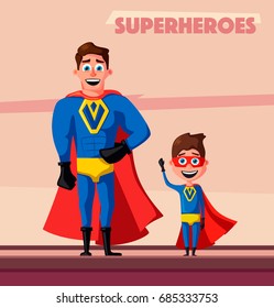Superhero with son. Cartoon vector illustration