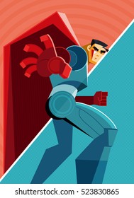 Superhero in a spectacular position. Original minimalist graphics. Vector illustration