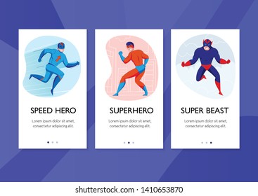 Superhero speed hero super beast comic books characters action pose 3 vertical banners blue background vector illustration 