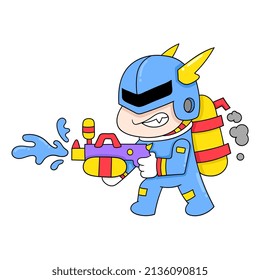 Superhero Squad Is Carrying Water Gun For Fun, Vector Illustration Art. Doodle Icon Image Kawaii.