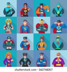 Superhero square shadow icons set with power symbols flat isolated vector illustration 