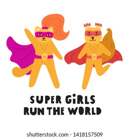 Superhero squirrel and cat. Super girls run the world. Vector hand drawn illustration with lettering. Best for nursery, childish textile, greeting card, t shirt, print, stickers, posters design.