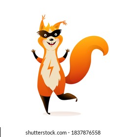 Superhero squirrel smiling and dancing wearing mask and cape, brave comic animal character. Kids mascot design, 3d funny cartoon.