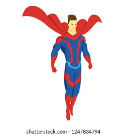 Superhero standing with cape waving in the wind. Pop art comic book style superhero vector poster design wall decoration illustration.