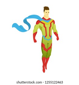 Superhero standing with cape waving in the wind. Pop art comic book style superhero vector poster design wall decoration illustration.