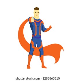 Superhero standing with cape waving in the wind. Showing gesture like. Pop art comic book style superhero vector poster design wall decoration illustration.