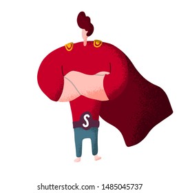 Superhero standing with cape waving in the wind. Doodle cartoon hand-drawn style with grunge effect
