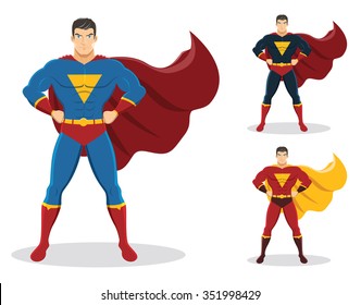 Superhero standing with cape waving in the wind. On the right are 2 additional versions. No gradients used.