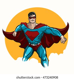 Superhero standing with cape waving in the wind. Illustration in comic book style.