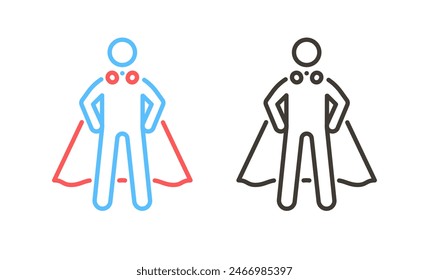 Superhero standing with hands on hips and wearing cape vector icon. Strength, protection, heroism, leadership, charisma, success and willpower in blue and red thin line