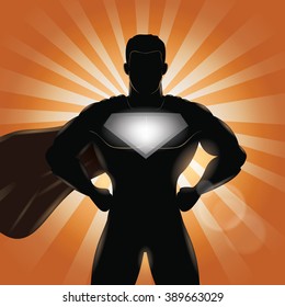 Superhero Standing With Hands On Hips Silhouette. Superhero Chest For Your Company Name And Logo.