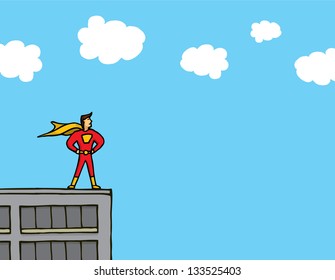 Superhero standing on a building ledge